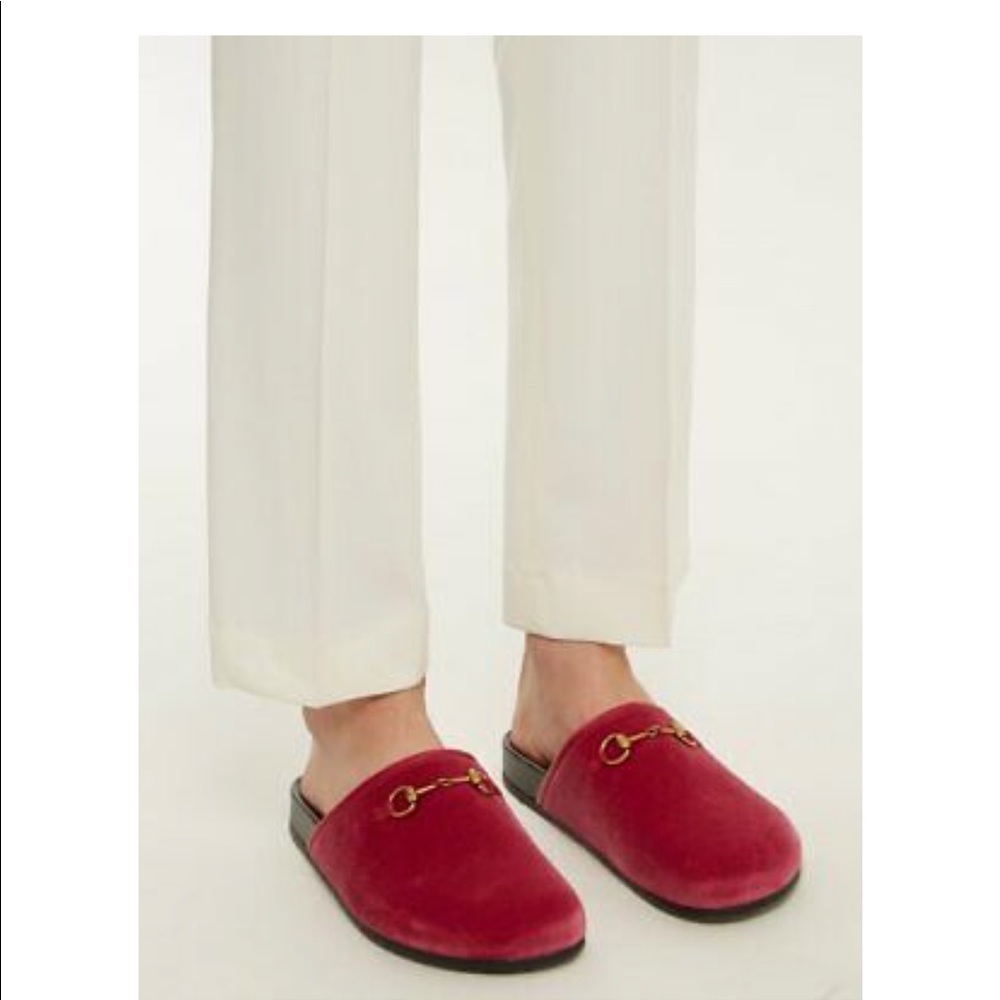 GUCCI Pink Velvet Mules Gold Horsebit New - Picture 1 of 4